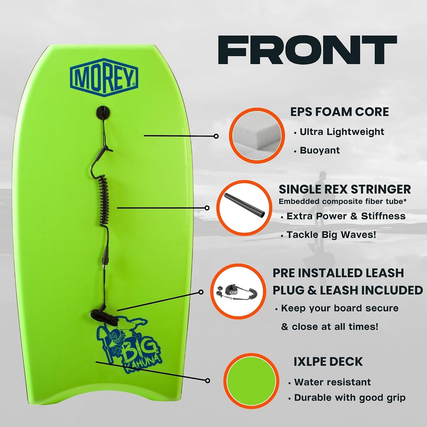 Morey Big Kahuna 45" Bodyboard with Coiled Leash