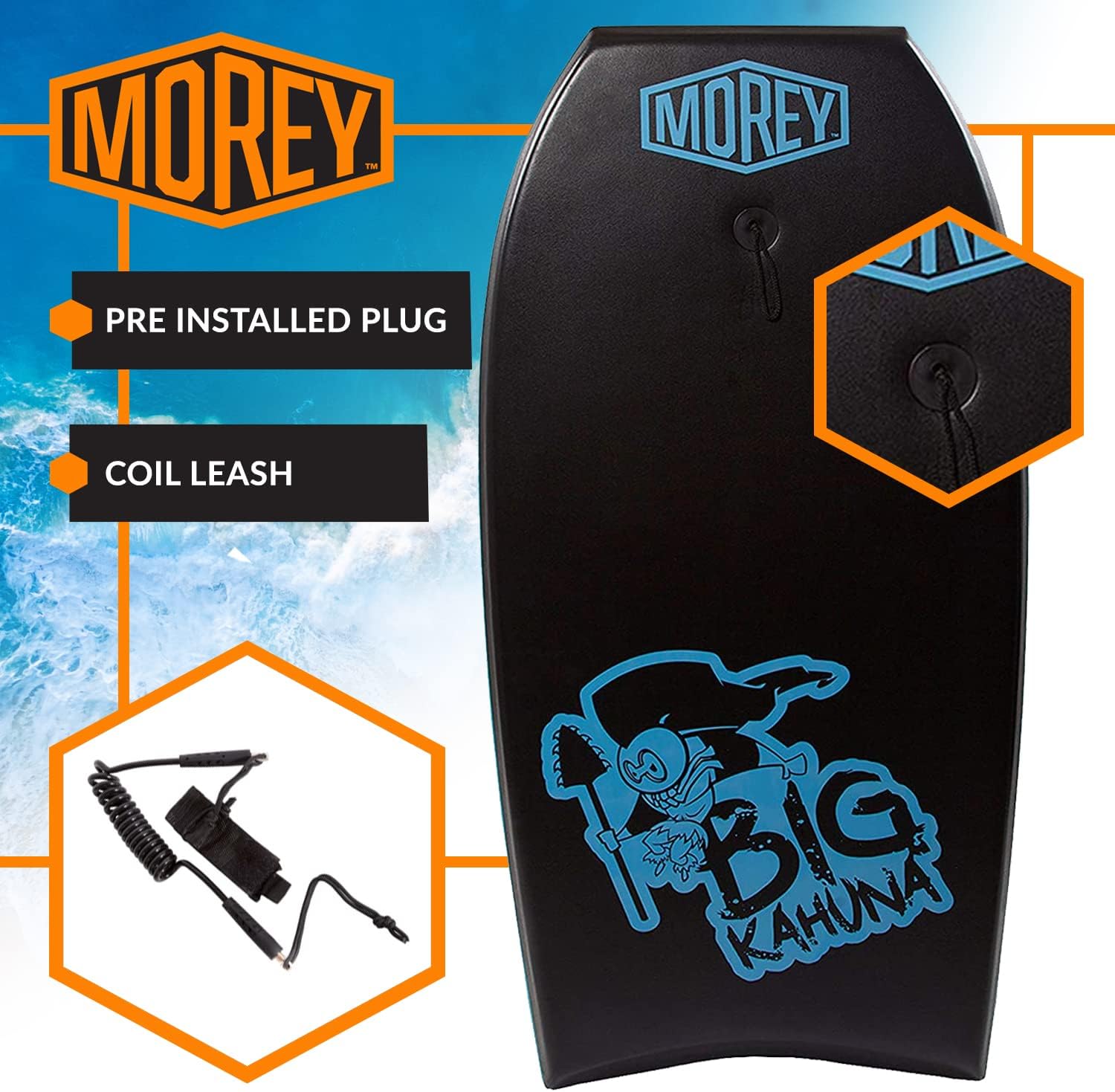 Morey Big Kahuna 45" Bodyboard with Coiled Leash, Black