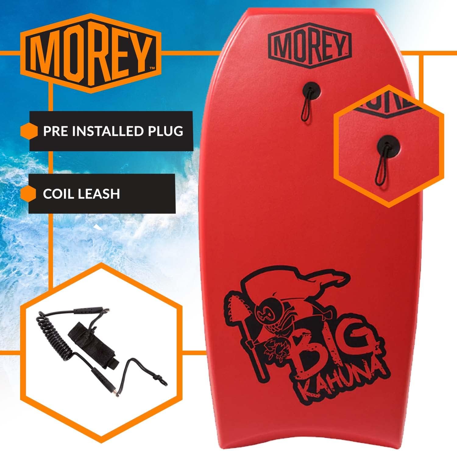 Morey Big Kahuna 45" Bodyboard with Coiled Leash, Red